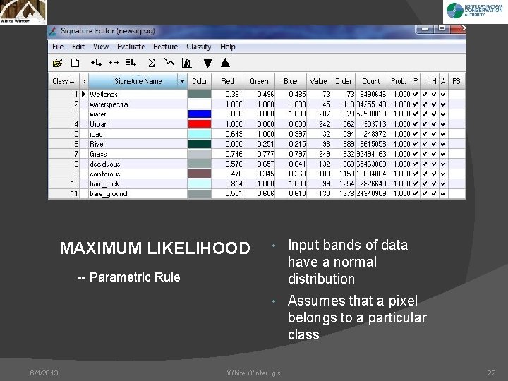 MAXIMUM LIKELIHOOD • Input bands of data have a normal distribution -- Parametric Rule