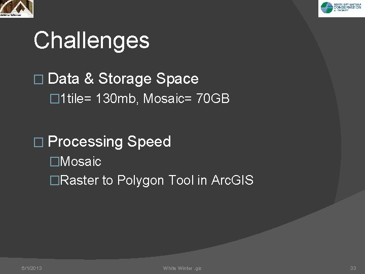 Challenges � Data & Storage Space � 1 tile= 130 mb, Mosaic= 70 GB