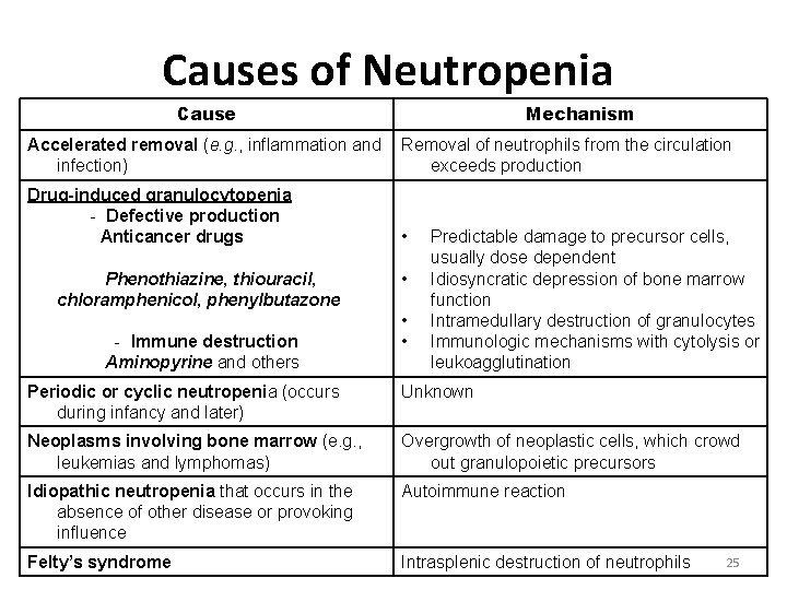 Causes of Neutropenia Cause Mechanism Accelerated removal (e. g. , inflammation and infection) Removal