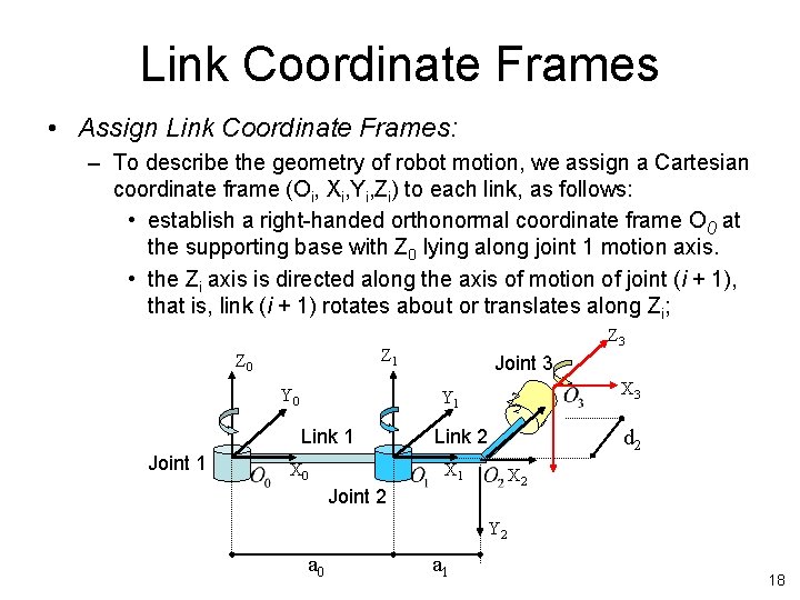 Link Coordinate Frames • Assign Link Coordinate Frames: – To describe the geometry of