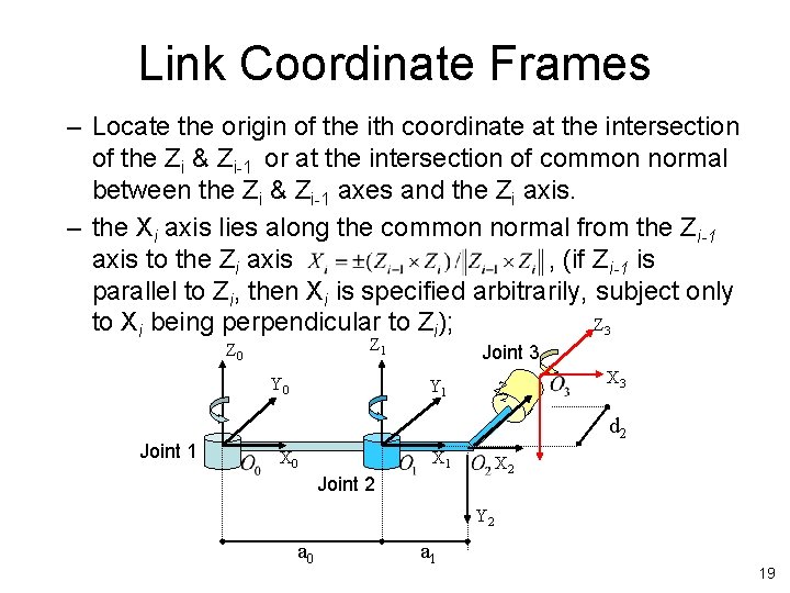 Link Coordinate Frames – Locate the origin of the ith coordinate at the intersection