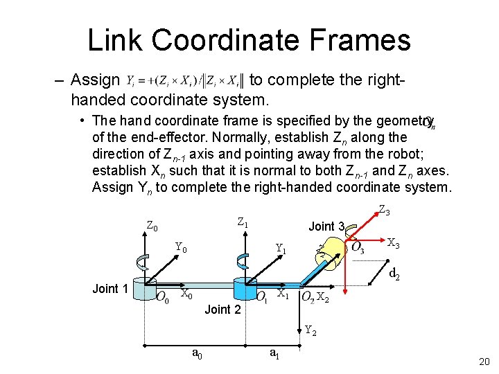 Link Coordinate Frames – Assign to complete the righthanded coordinate system. • The hand
