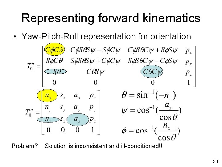 Representing forward kinematics • Yaw-Pitch-Roll representation for orientation Problem? Solution is inconsistent and ill-conditioned!!
