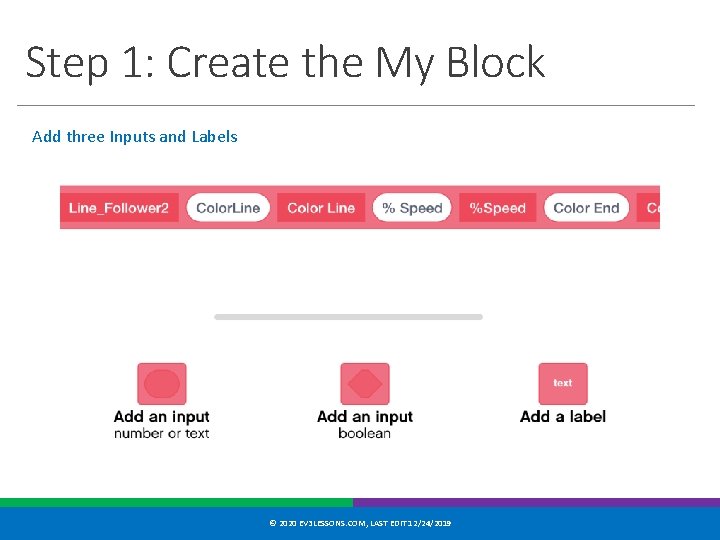 Step 1: Create the My Block Add three Inputs and Labels © 2020 EV