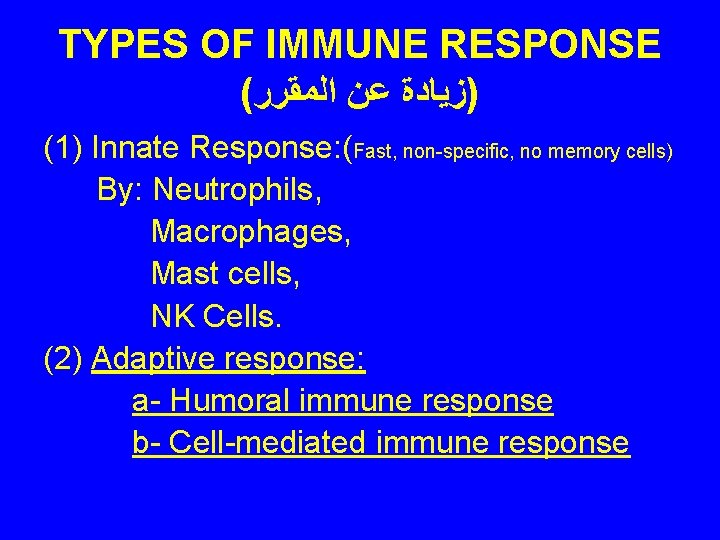 TYPES OF IMMUNE RESPONSE ( )ﺯﻳﺎﺩﺓ ﻋﻦ ﺍﻟﻤﻘﺮﺭ (1) Innate Response: (Fast, non-specific, no