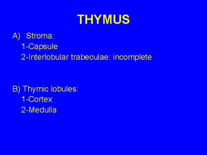 THYMUS A) Stroma: 1 -Capsule 2 -Interlobular trabeculae: incomplete B) Thymic lobules: 1 -Cortex