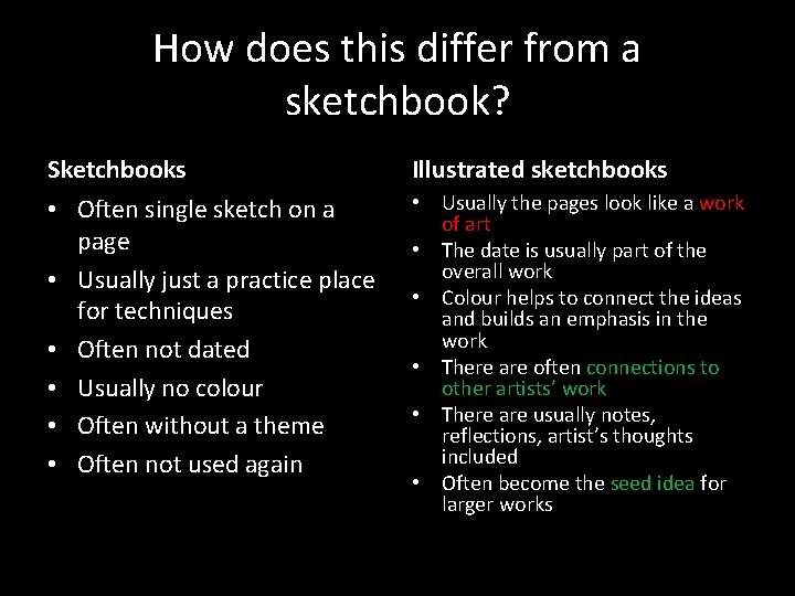 How does this differ from a sketchbook? Sketchbooks Illustrated sketchbooks • Often single sketch