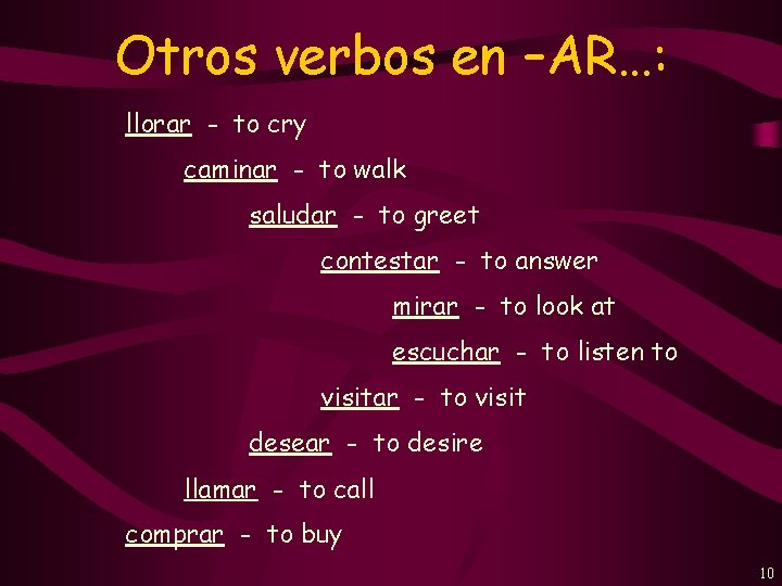 Otros verbos en –AR…: llorar - to cry caminar - to walk saludar -