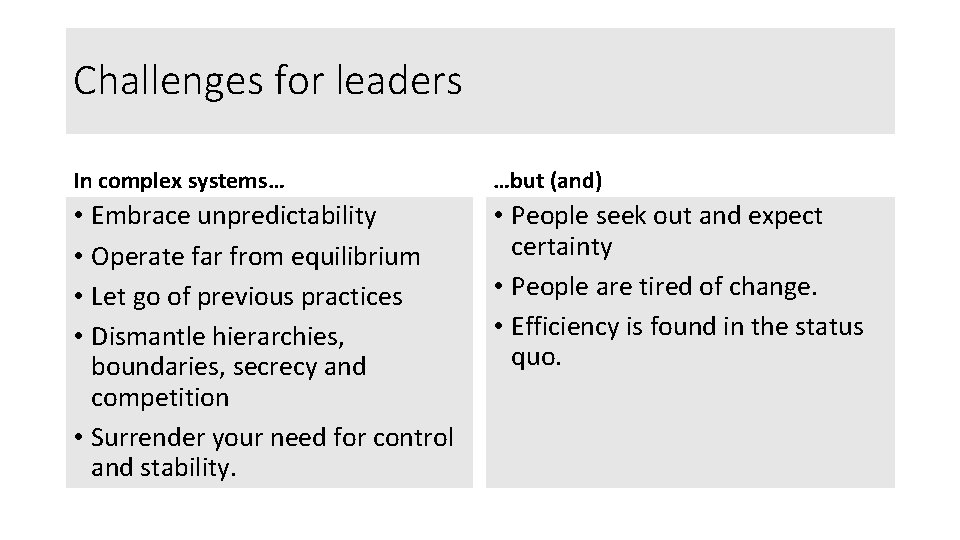 Challenges for leaders In complex systems… …but (and) • Embrace unpredictability • Operate far