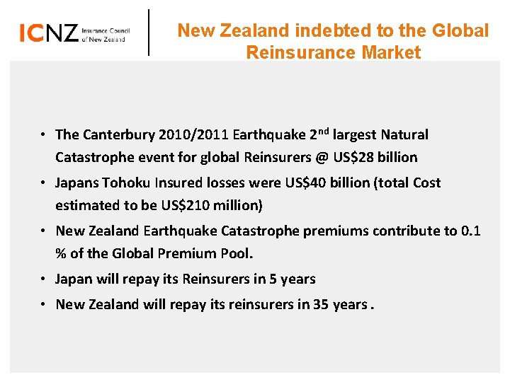 SPEAKER LOGO New Zealand indebted to the Global Reinsurance Market • The Canterbury 2010/2011