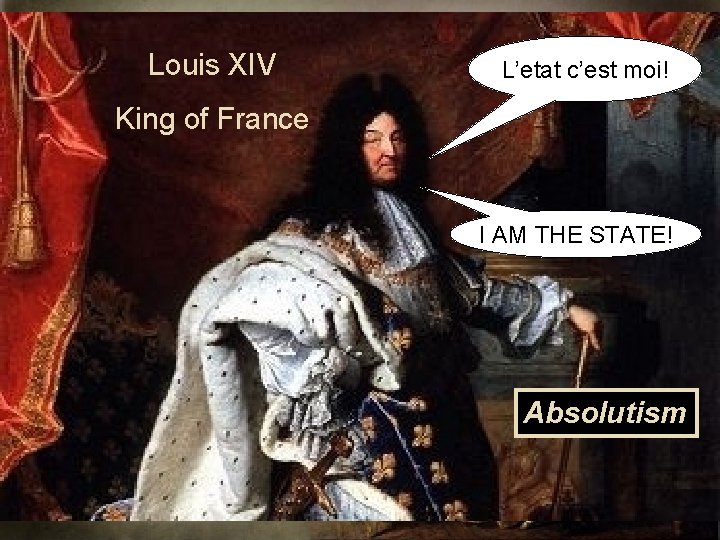 Louis XIV L’etat c’est moi! King of France I AM THE STATE! Absolutism 