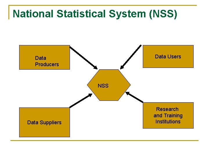 National Statistical System (NSS) Data Users Data Producers NSS Data Suppliers Research and Training