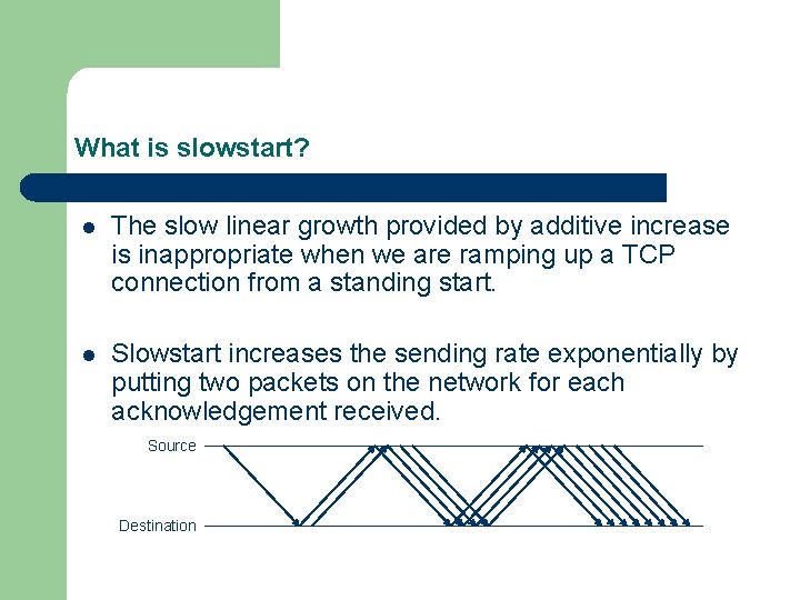 What is slowstart? l The slow linear growth provided by additive increase is inappropriate