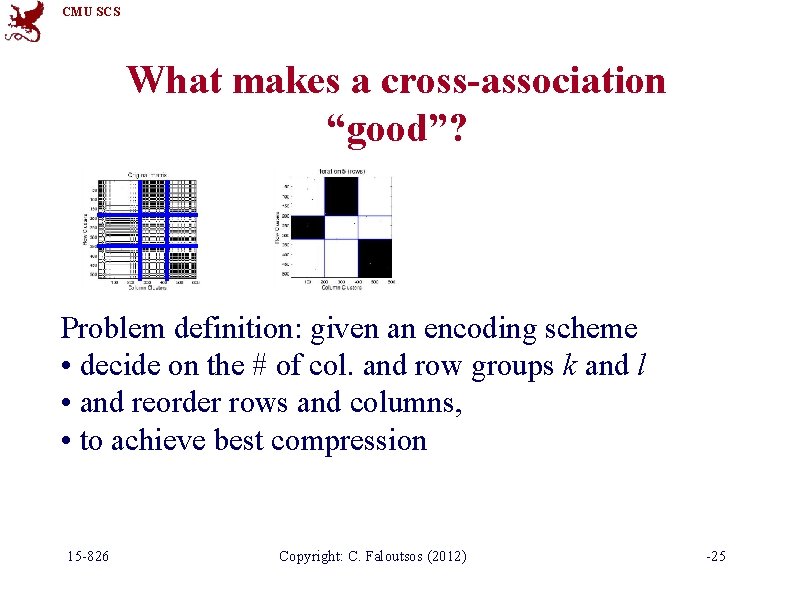 CMU SCS What makes a cross-association “good”? Problem definition: given an encoding scheme •