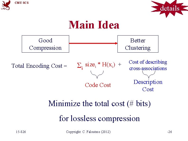CMU SCS details Main Idea Good Compression Better Clustering Total Encoding Cost = Σi