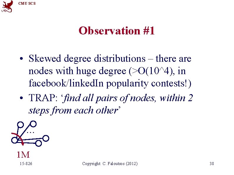 CMU SCS Observation #1 • Skewed degree distributions – there are nodes with huge