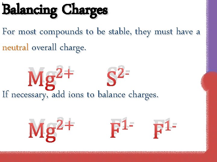 Balancing Charges For most compounds to be stable, they must have a neutral overall