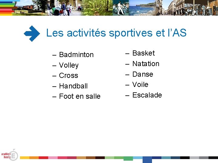 Les activités sportives et l’AS – – – Badminton Volley Cross Handball Foot en