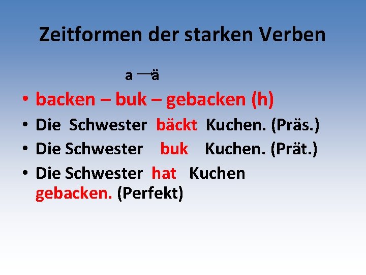 Zeitformen der starken Verben a ä • backen – buk – gebacken (h) •