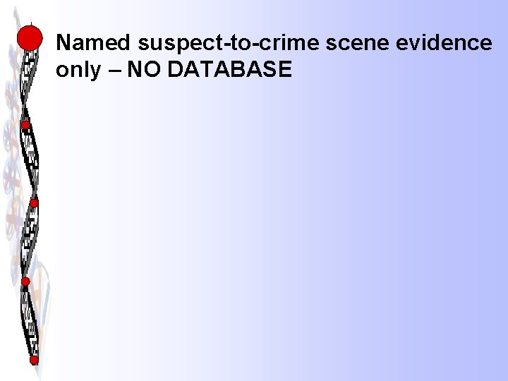 Named suspect-to-crime scene evidence only – NO DATABASE 