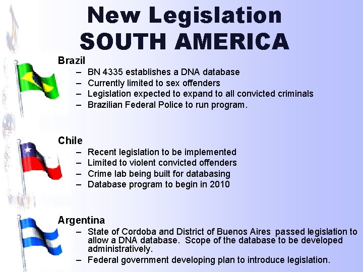 New Legislation SOUTH AMERICA Brazil – – BN 4335 establishes a DNA database Currently