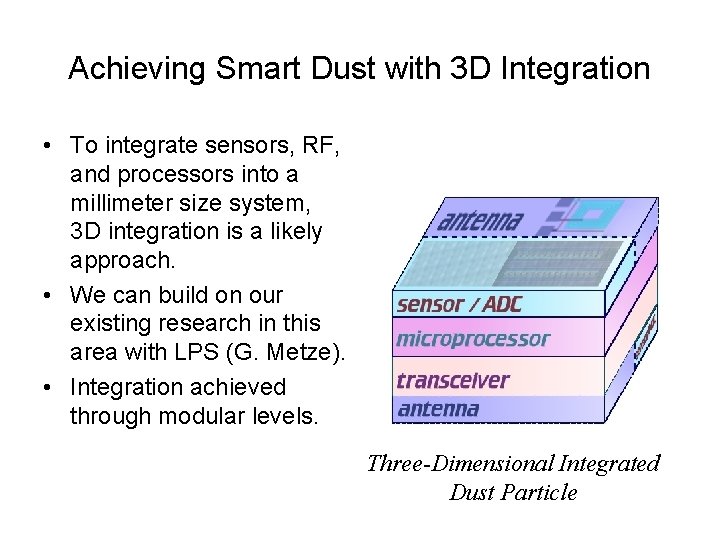 Achieving Smart Dust with 3 D Integration • To integrate sensors, RF, and processors