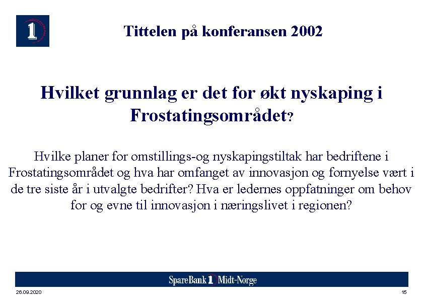 Tittelen på konferansen 2002 Hvilket grunnlag er det for økt nyskaping i Frostatingsområdet? Hvilke