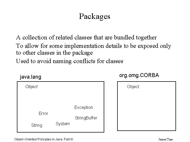 Packages A collection of related classes that are bundled together To allow for some