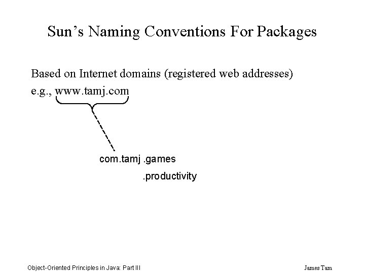 Sun’s Naming Conventions For Packages Based on Internet domains (registered web addresses) e. g.