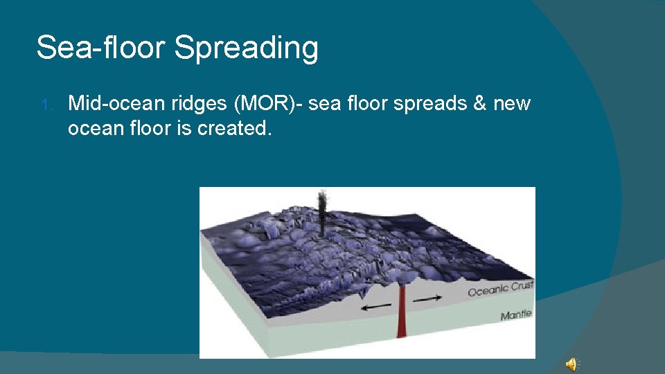 Sea-floor Spreading 1. Mid-ocean ridges (MOR)- sea floor spreads & new ocean floor is Sea-floor Spreading 1. Mid-ocean ridges (MOR)- sea floor spreads & new ocean floor is