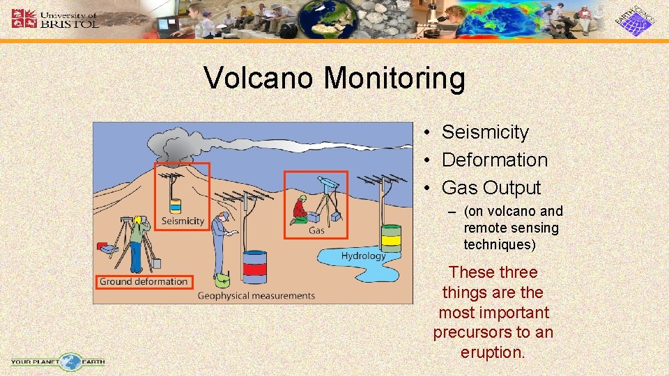 Volcano Monitoring • Seismicity • Deformation • Gas Output – (on volcano and remote