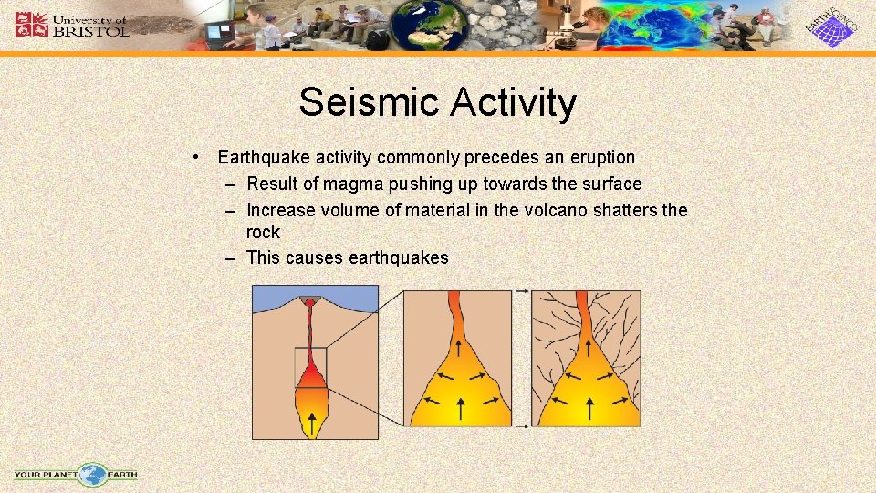 Seismic Activity • Earthquake activity commonly precedes an eruption – Result of magma pushing Seismic Activity • Earthquake activity commonly precedes an eruption – Result of magma pushing
