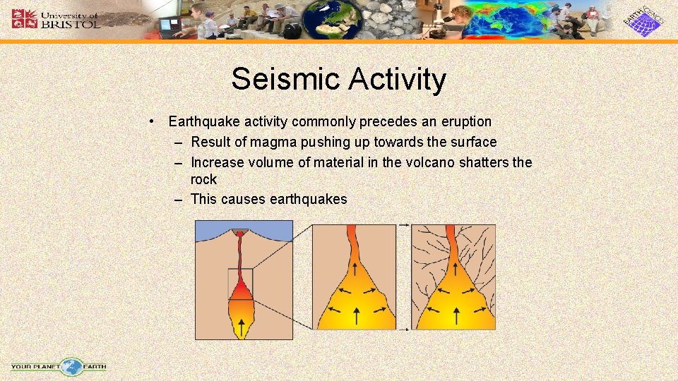 Seismic Activity • Earthquake activity commonly precedes an eruption – Result of magma pushing