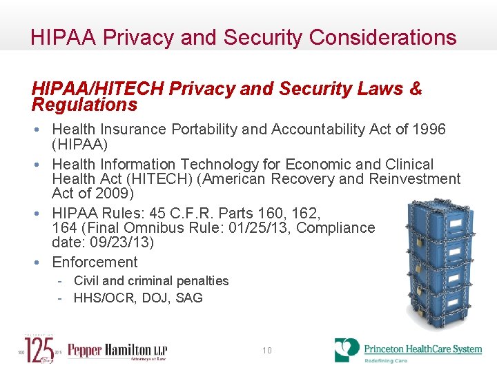 HIPAA Privacy and Security Considerations HIPAA/HITECH Privacy and Security Laws & Regulations • Health