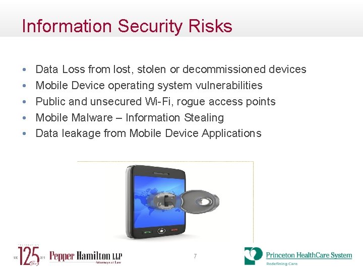 Information Security Risks • • • Data Loss from lost, stolen or decommissioned devices
