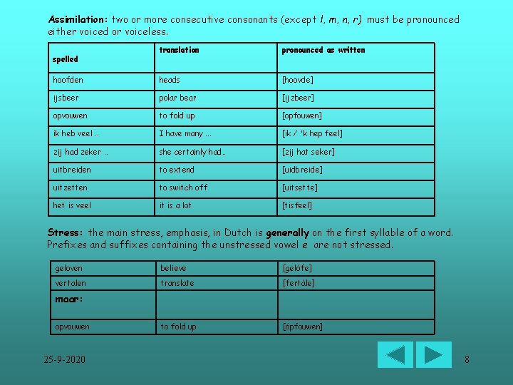 Assimilation: two or more consecutive consonants (except l, m, n, r) must be pronounced