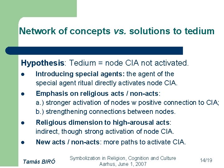 Network of concepts vs. solutions to tedium Hypothesis: Tedium = node CIA not activated.