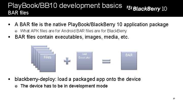 Play. Book/BB 10 development basics BAR files A BAR file is the native Play.