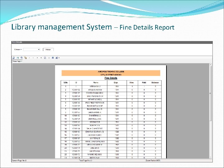 Library management System – Fine Details Report 