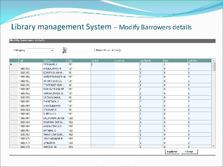 Library management System – Modify Barrowers details 