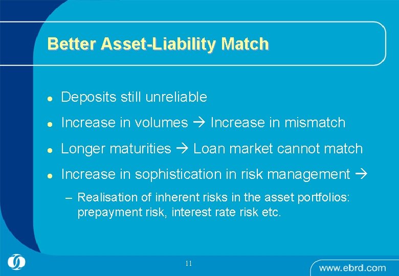 Better Asset-Liability Match l Deposits still unreliable l Increase in volumes Increase in mismatch