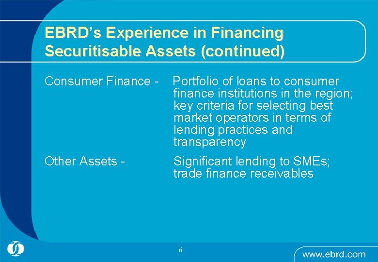 EBRD’s Experience in Financing Securitisable Assets (continued) Consumer Finance - Portfolio of loans to