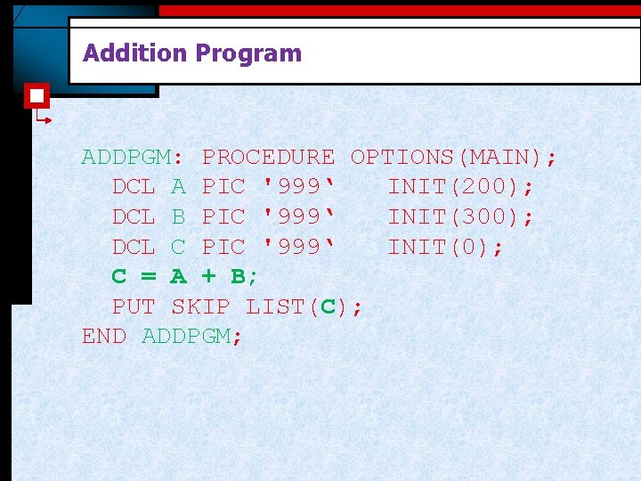 Addition Program ADDPGM: PROCEDURE OPTIONS(MAIN); DCL A PIC '999‘ INIT(200); DCL B PIC '999‘