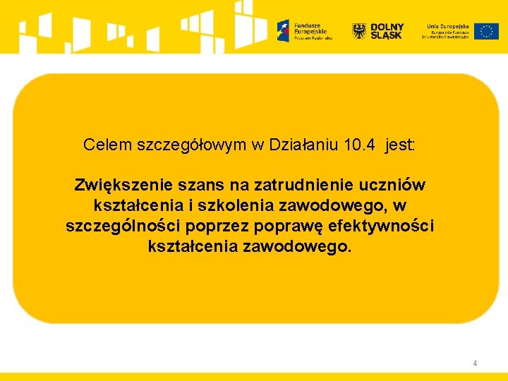 Celem szczegółowym w Działaniu 10. 4 jest: Zwiększenie szans na zatrudnienie uczniów kształcenia i