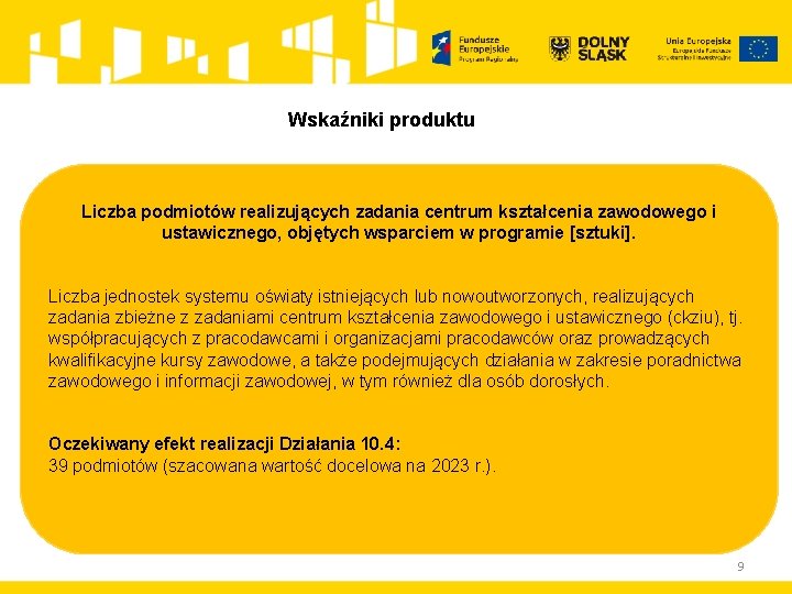 Wskaźniki produktu Liczba podmiotów realizujących zadania centrum kształcenia zawodowego i ustawicznego, objętych wsparciem w