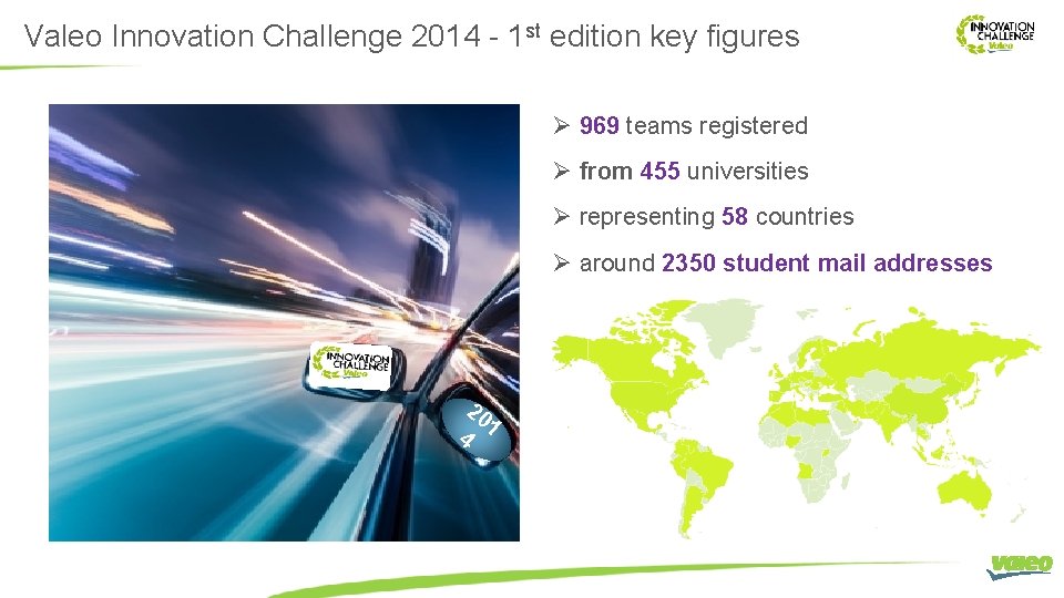 Valeo Innovation Challenge 2014 - 1 st edition key figures Ø 969 teams registered