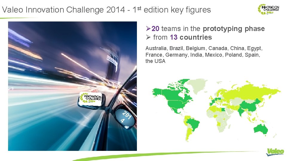 Valeo Innovation Challenge 2014 - 1 st edition key figures Ø 20 teams in