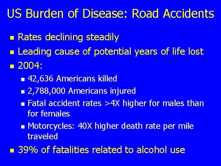US Burden of Disease: Road Accidents n n n Rates declining steadily Leading cause