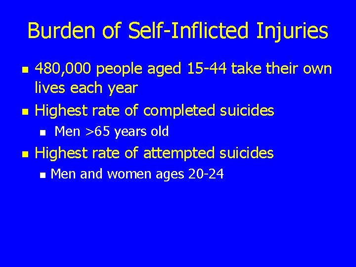 Burden of Self-Inflicted Injuries n n 480, 000 people aged 15 -44 take their