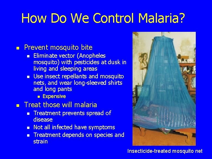 How Do We Control Malaria? n Prevent mosquito bite n n Eliminate vector (Anopheles
